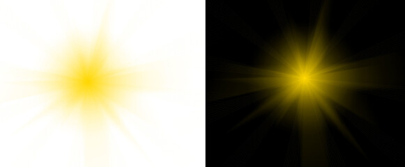 Obraz premium Abstract bright yellow sunburst light rays with glowing lens flare effect on dark background, futuristic energy explosion vector illustration design