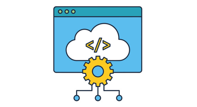 Cloud computing and software development concept with coding brackets and gear icon.