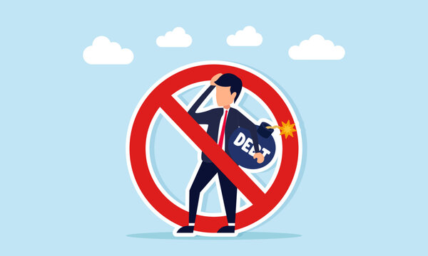 Businessman holding debt bomb confused inside prohibition sign illustration of rejecting irrelevant business ideas and poor input in management