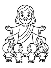 Fototapeta premium A Divine Gathering: A sacred portrayal of the divine figure surrounded by children, symbolizing compassion, protection, and love, a heartwarming scene that evokes faith and unity.