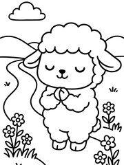 Obraz premium Praying Lamb in the Meadow: a sweet lamb clasped hands in a gentle pose surrounded by the blooms and the rolling hills of nature, evoking a sense of calmness and serenity.