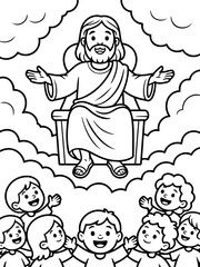 Fototapeta premium Divine Embrace: Illustration of a religious figure seated on a throne, surrounded by smiling children, set against a backdrop of clouds.