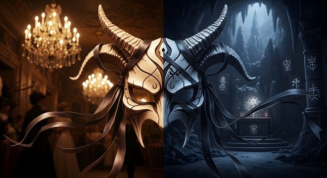 A luxury-horror concept. The interaction of the silk ribbons with the bone mask provides a tactile, premium look, tied together by the mystical lighting of the ritual cave.
