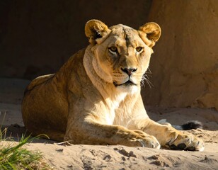 Fototapeta premium Majestic lioness resting in the warm sunlight, observing.