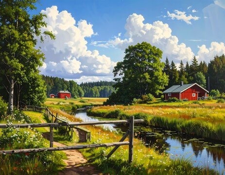 Idyllic summer scene with a red house nestled in a green meadow by the river