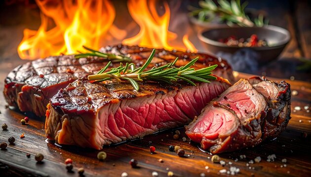A cut steak with rosemary on a wooden board with flames