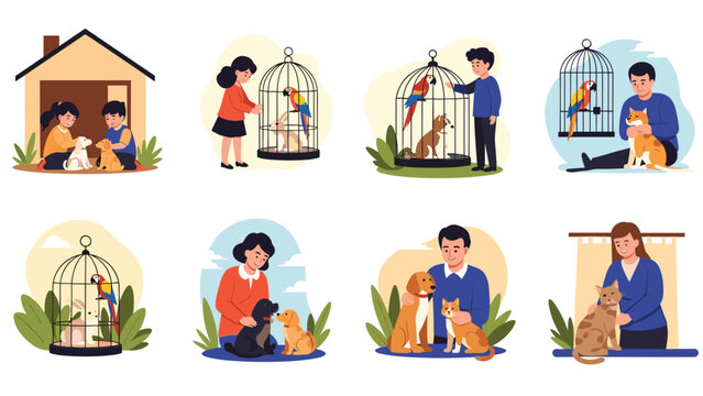 Set of scenes showing diverse people caring for their pets including dogs, cats, and parrots in cages or being held with love and attention.