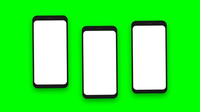Triple Smartphone Cascade Animation with Entrance and Exit Motion, 4K Green Screen Mobile Mockup with Realistic Drop and Falling Outro, Professional App UI UX Showcase with Pendulum Sway
