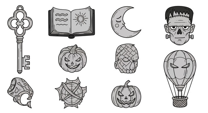 Collection of Halloween Themed Comic Doodle Icons Including Keys Books Moons Pumpkins and Spiders.