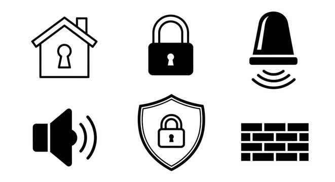 Security and privacy icons set featuring home lock shield and brick wall.