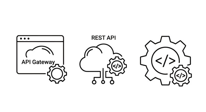 Illustration showing API gateway, cloud automation, and code integration workflow across modern technology platforms.