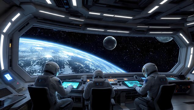 Astronauts observe the Earth and moon from the cockpit of a futuristic spacecraft