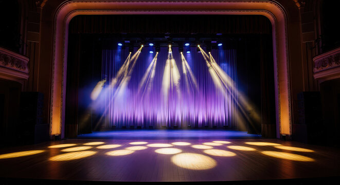 vibrant stage with dramatic lighting and elegant golden decorations isolated on white background, illustration