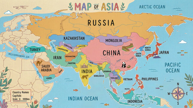 Colorful illustrated map of Asia with countries, oceans, and playful icons