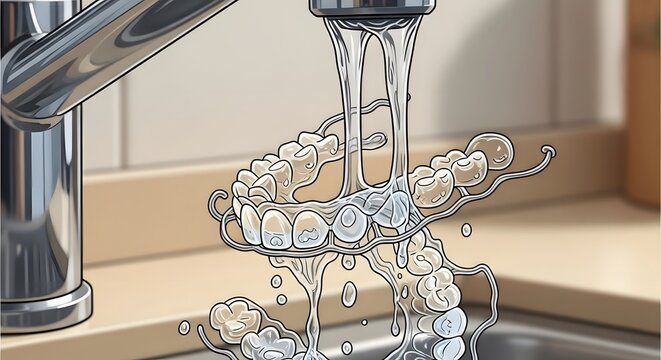 A digital illustration showing a set of dentures being cleaned under a stream of water from a faucet.