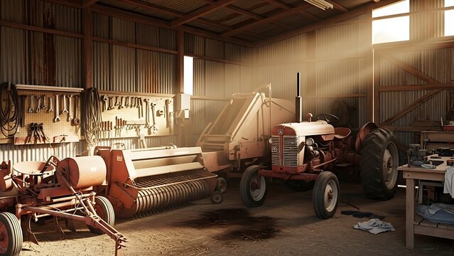 Golden sunbeams pierce the gloom of a rustic barn, highlighting vintage tractors and a workbench filled with tools, creating a nostalgic atmosphere.