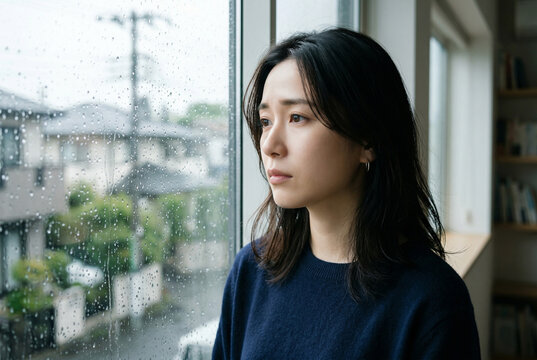 雨の日に憂鬱な表情で外を眺める日本人女性 Generative AI