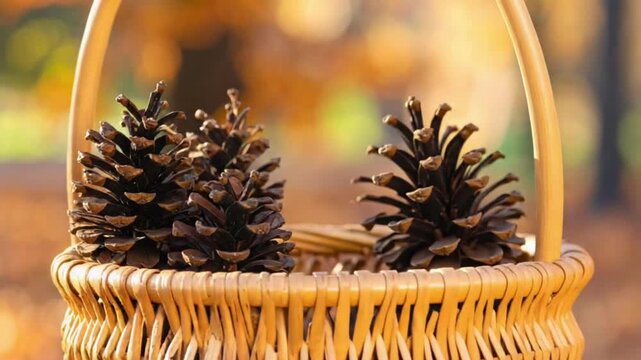 Autumn Pine Cones in Woven Basket with Warm Blurred Background