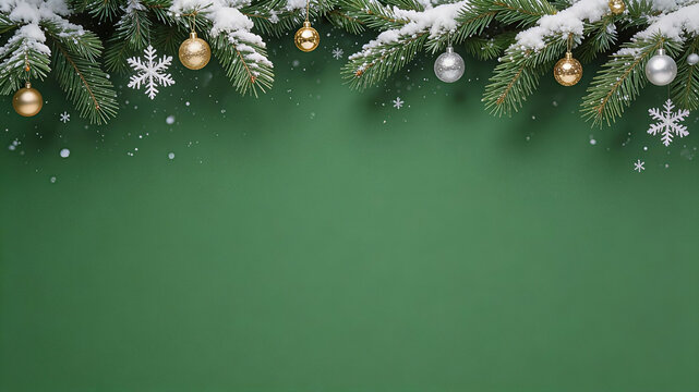 Green Winter Holiday Background with Snowy Top Border and Gold and Silver Baubles. Christmas Background, Christmas, Christmas Tree, Merry Christmas, Christmas Wallpaper