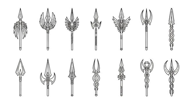 Collection of vintage weapon heads, medieval spearheads, halberds and polearms