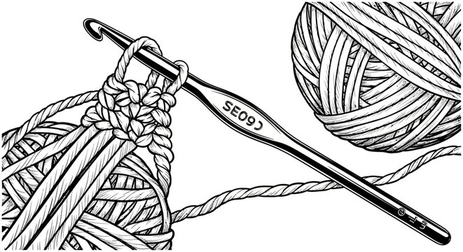 Crochet Hook and Yarn Ball Illustration - Handmade Crafting Process