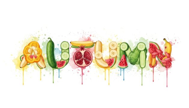 A colorful autumnal fruit and vegetable arrangement with the word 'AUTUMN' spelled out in various fruits and vegetables.