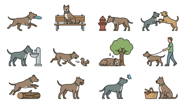 Pitbull dog daily life and outdoor activities colored flat vector illustration set featuring pet walking playing in park chasing squirrel drinking sleeping and owner.