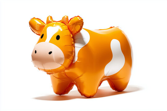 Cute inflatable cow balloon toy with orange and white cartoon design isolated on white background
