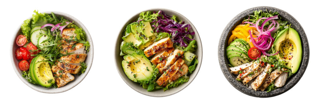 Set of Plate of healthy food chicken fillet avocado and salad transparent png background.Ai generated