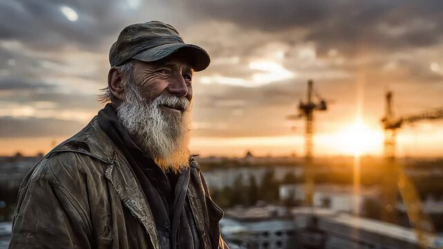 A weathered, older man gazes toward the sunset with a thoughtful expression. Evokes resilience, reflection, and the passage of time; perfect for stori
