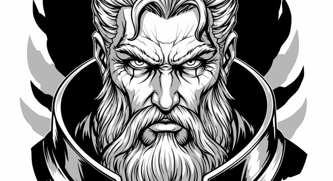Fierce Old Man Portrait, Bearded Warrior, Grayscale Illustration, Fantasy Character