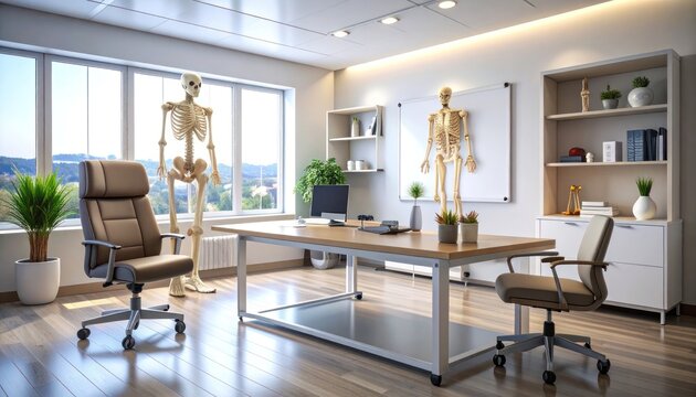 A bright and modern office space features a large desk, ergonomic chairs, and anatomical skeletons, suggesting a medical or educational environment.