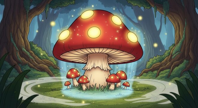 A large, red mushroom with yellow spots in a forest with a pond and grass.