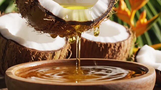 Pure golden coconut oil pouring from fresh nut into wooden bowl