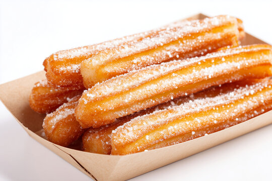 Churros coated with sugar and cinnamon in crispy golden texture dessert isolated on white background
