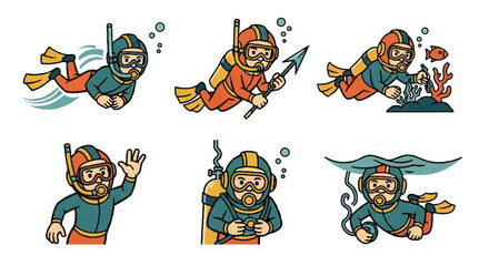Fototapeta premium Cartoon divers in action underwater adventures and exploration illustrations