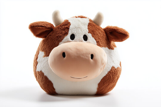 Cute plush cow toy with soft fabric texture and adorable round shape isolated on white background
