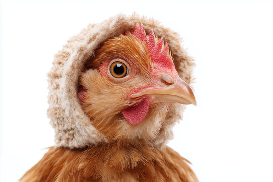 Chicken wearing chef hat close up portrait with funny expression cooking concept isolated on white background
