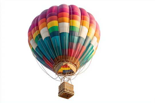 Colorful hot air balloon with vibrant rainbow pattern floating in sky travel concept isolated on white background
