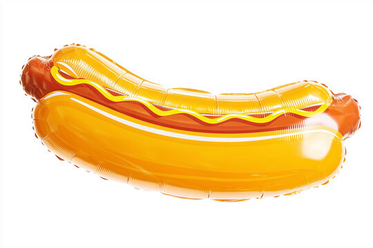 Inflatable hot dog balloon toy with mustard detail in playful cartoon style isolated on white background
