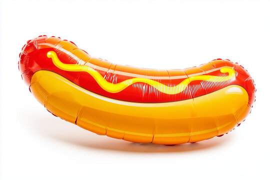 Inflatable hot dog balloon toy with mustard detail in playful cartoon style isolated on white background
