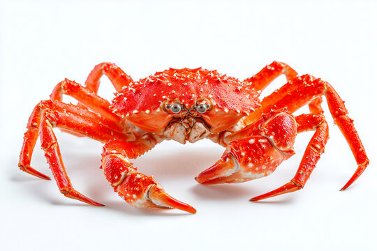Cooked red crab with detailed shell texture and seafood presentation isolated on white background
