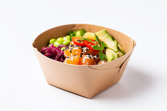 Salmon poke bowl with cucumber edamame and sesame seeds in eco friendly paper bowl isolated on white background
