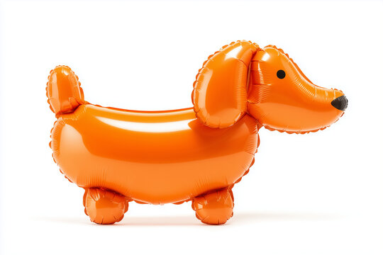 Glossy orange inflatable dachshund dog balloon character with cute cartoon style and rounded shape isolated on white background
