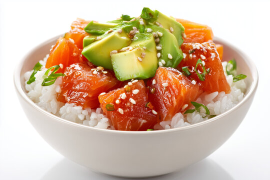 Salmon poke bowl with cucumber edamame and sesame seeds in eco friendly paper bowl isolated on white background
