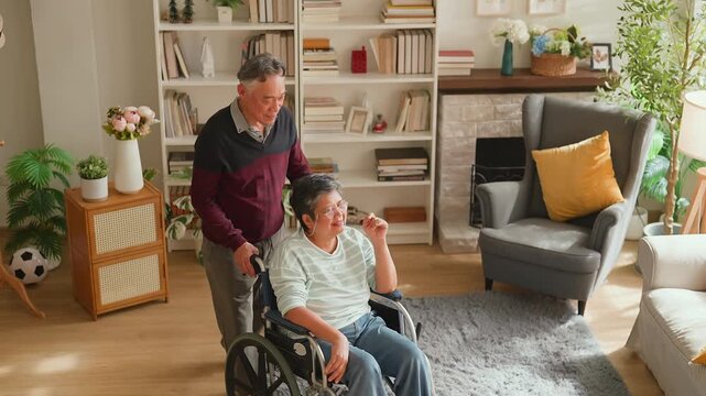 Asian senior couple at home, retired man in wheelchair embraced by loving woman, caregiving support, bonding and true love, warm living room lifestyle, family connection, compassion and lifelong partn