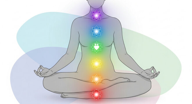 Human body with seven chakras glowing in meditation yoga practice with colorful energy points