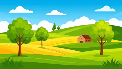 Naklejka premium Scenic Landscape - Rolling Hills, Trees, and a Charming House Under a Blue Sky.