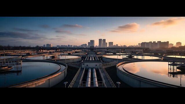 Aerial view of a large wastewater treatment facility with circular tanks, set against a city skyline during a vibrant sunset.