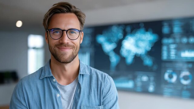 Confident young man with glasses smiling peacefully with closed eyes in modern office, digital world map and data screens in background. Calm professional enjoying a mindful moment at work